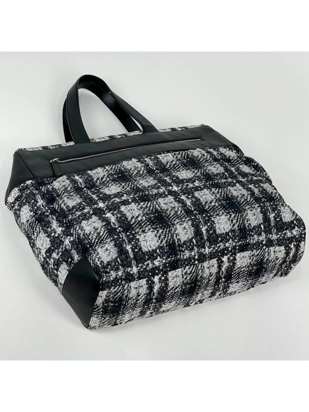 Chanel Tote CC Logo Tweed Print Nylon Black